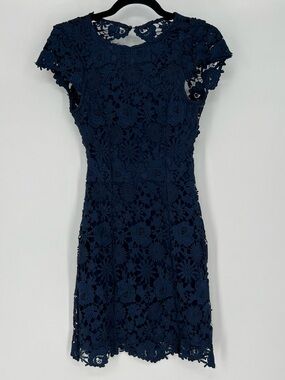 Lulu's Navy Floral Lace Cap-Sleeve Mini Dress